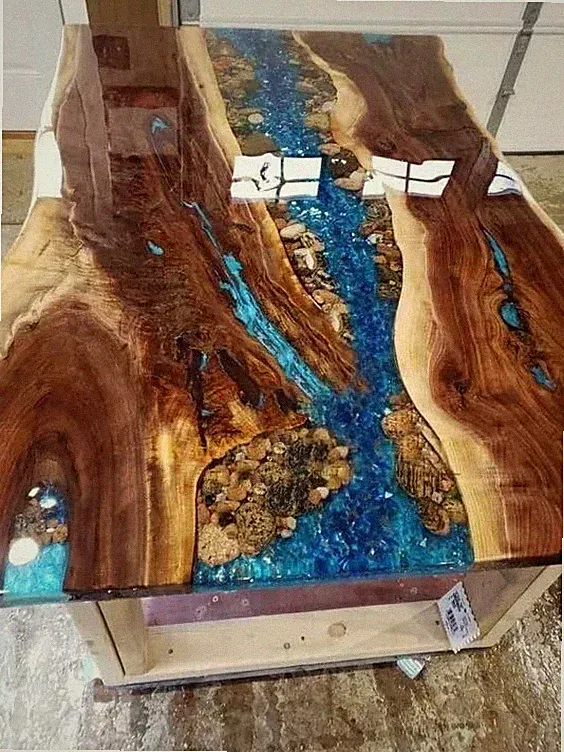 48"X24" Blue Epoxy Live Edge Dining Table Acacia Wood Walnut Office Meeting Deco