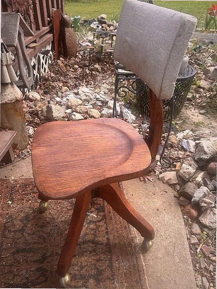 Antique Oak Wood Swivel Reclining Rolling Desk Typist Adjustable Chair Banker
