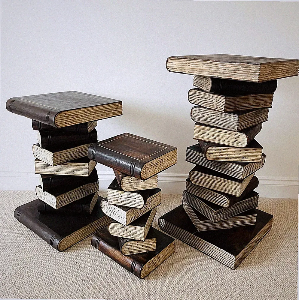 Coffee Table Books Stack Solid Wood Side End Lamp Stand Library Furniture