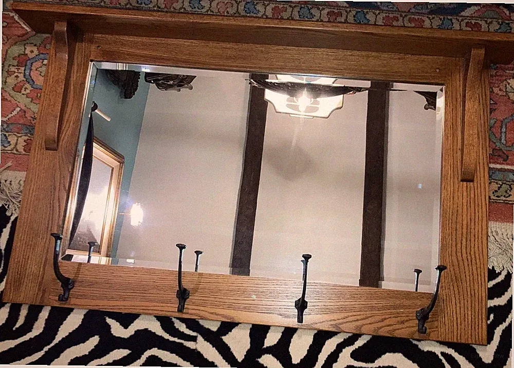 Heavy Solid Oak Mission Style Bevel Glass Mirror With Iron Hooks Coat Hooks