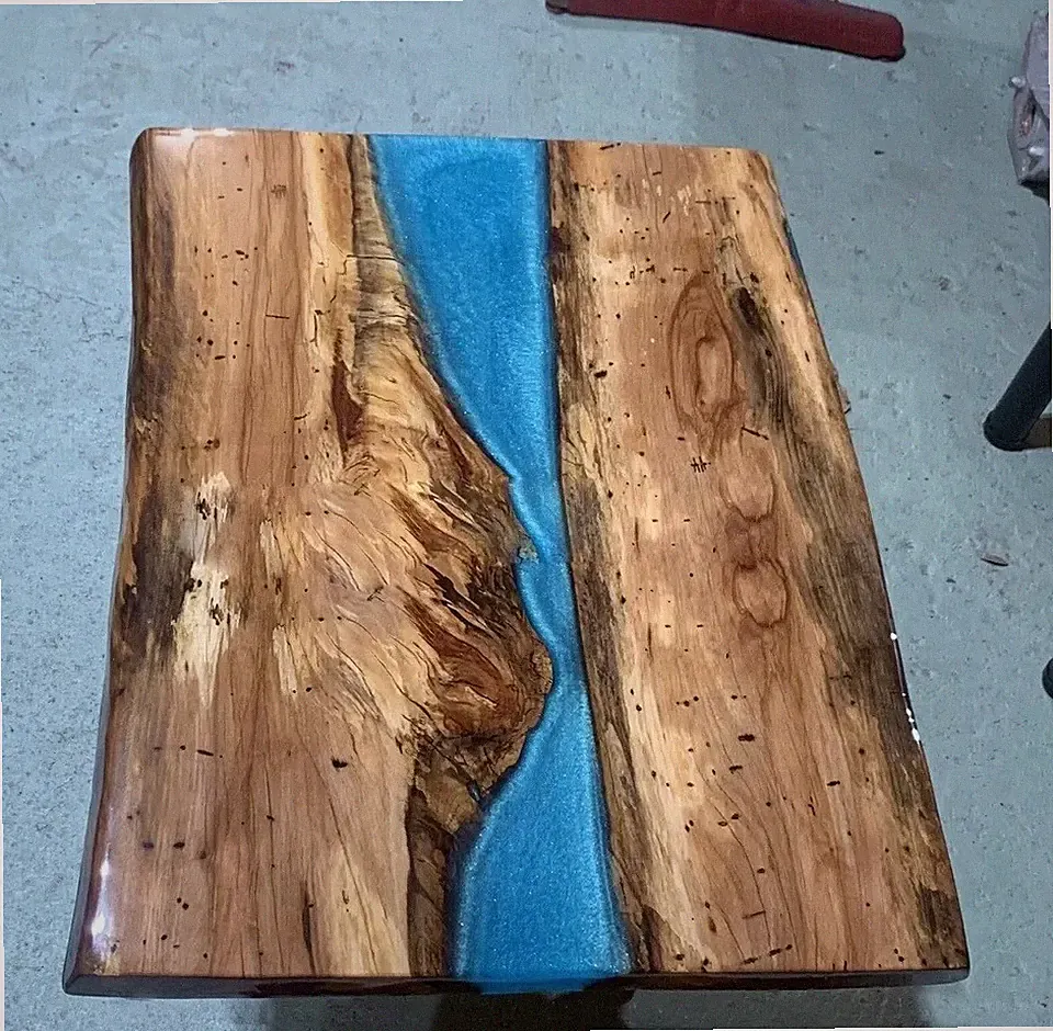 Natural Acacia Wood Blue Epoxy Resin Dining Table Handmade Modern Arts