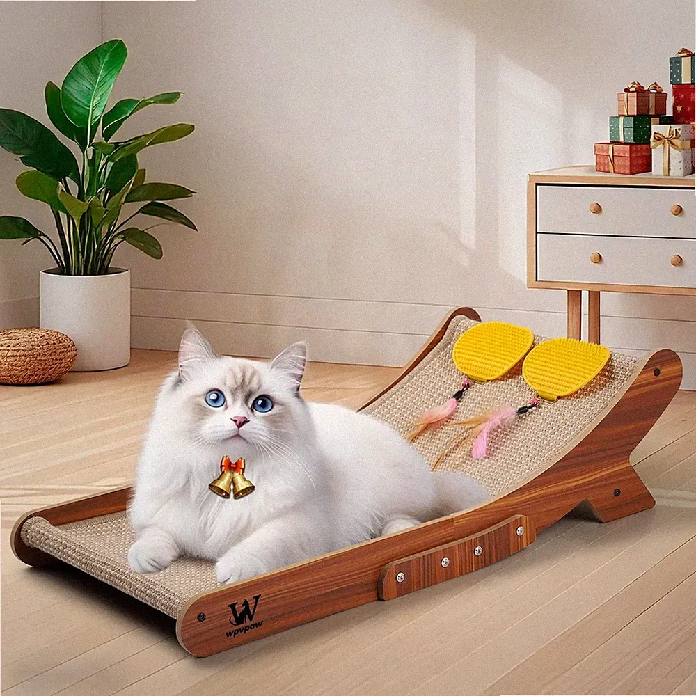 Sisal Cat Scratcher Bed, Natural Solid Wood Scratch Lounger, No Mess Brown
